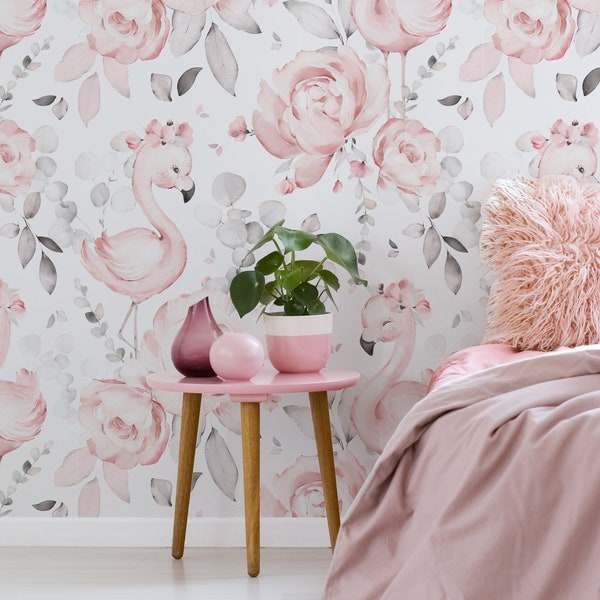 Pink Flamingo Peony Floral Wallpaper - Pépinière rose Peel and Stick Fond d'écran amovible Baby Girl Blushing Pink Flamingo & Décor floral 418