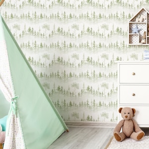Forest Watercolor Wallpaper - Foggy Forest Peel and Stick Removable Wallpaper for Kids Bedrooms - Scenic Pine Tree Wallpaper Pattern - 089