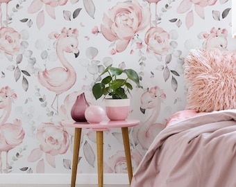 Pink Flamingo Peony Floral Wallpaper - Pink Nursery Peel and Stick Removable Wallpaper Baby Girl Blushing Pink Flamingo & Floral Décor 418