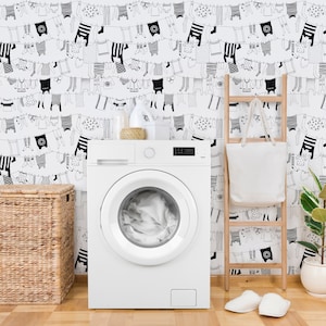 Laundry Room Wallpaper - Clothes on Washing Line Peel and Stick Removable Wallpaper For Laundry Room - Removable Self Adhesive Mural 348