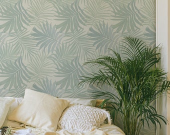 Blue and Green Palm Leaves Wallpaper - Custom Color Hand Painted Tropical Palm Peel and Stick Removable Wallpaper Floridian 421