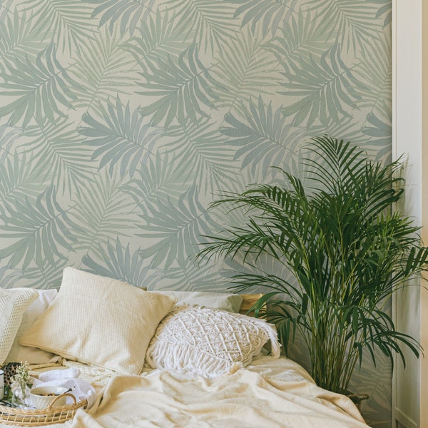 Blue and Green Palm Leaves Wallpaper - Custom Color Hand Painted Tropical Palm Peel and Stick Removable Wallpaper Floridian 421