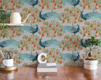 Orange Tree Green Lavender Peel and Stick Removable Wallpaper, Peacock Custom Color Wallpaper Apartment Fruit Kitchen Trend Wallpaper - 415