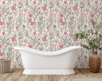 Pop of Pink Modern Floral Black Beige Pink Botanical Pattern Peel and Stick Removable Wallpaper Custom Color Kitchen Trend Wallpaper - 430