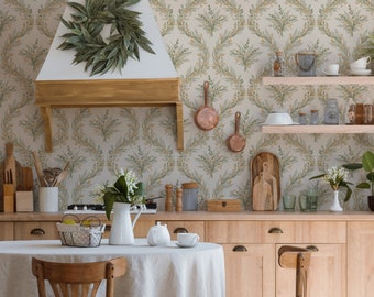 Botanical Floral Garland Peel and Stick Removable Wallpaper in Custom Colors Wallpaper Peach and Green Trellis Kitchen Trend Wallpaper 416