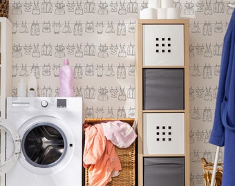 Laundry Room Wallpaper - Clothes on Washing Line Peel and Stick Removable Wallpaper For Laundry Room - Removable Self Adhesive Mural 441