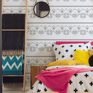 Tribal Art Print Wallpaper - Ethnic Bohemian Black and White Peel and Stick Removable Wallpaper Custom Colors Self Adhesive Mural -179