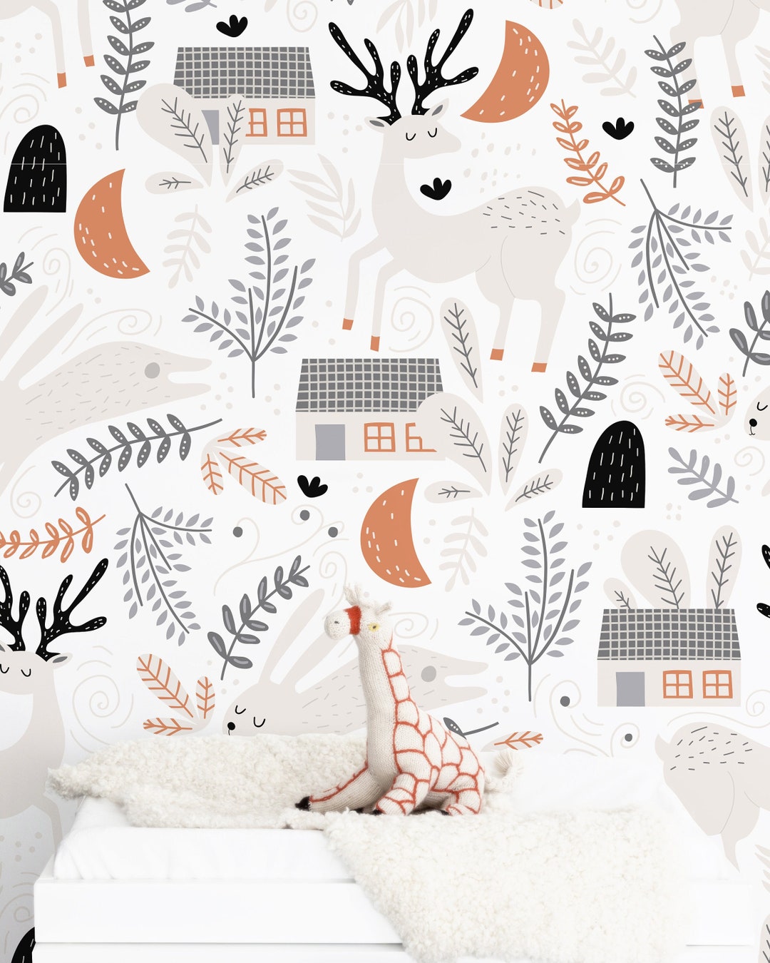Scandinavian Woodland Animals Wallpaper Deer Bunny And Etsy 日本