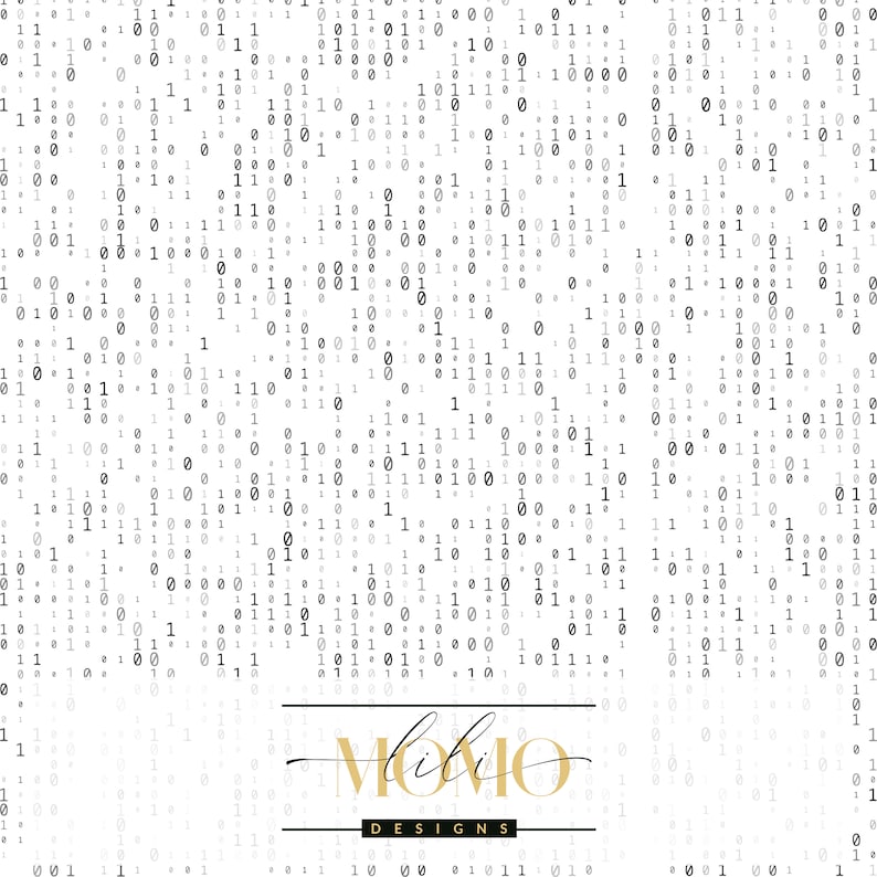 May include: A white background with a black and gray pattern of 1s and 0s. The text "Momo Designs" is in gold lettering at the bottom of the image.