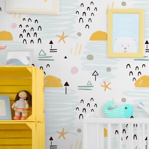 Doodle Sunset on the Beach Wallpaper - Cute Coastal Scene Peel and Stick Removable Wallpaper For All Rooms - Self Adhesive Mural - 345
