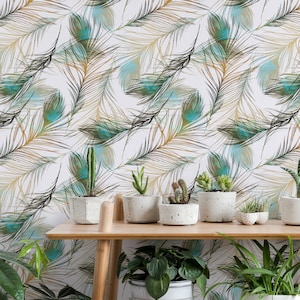 Peacock Feathers Wallpaper - Watercolor Peacock Feathers Imprint Peel and Stick Removable Wallpaper For All Rooms - Self Adhesive Mural -018