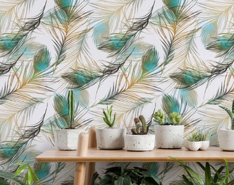 Peacock Feathers Wallpaper - Watercolor Peacock Feathers Imprint Peel and Stick Removable Wallpaper For All Rooms - Self Adhesive Mural -018