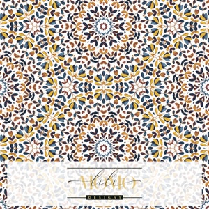 May include: A seamless pattern featuring a repeating design of blue, yellow, and brown leaves and flowers. The pattern is on a white background. The text "Momo Designs" is at the bottom of the image.