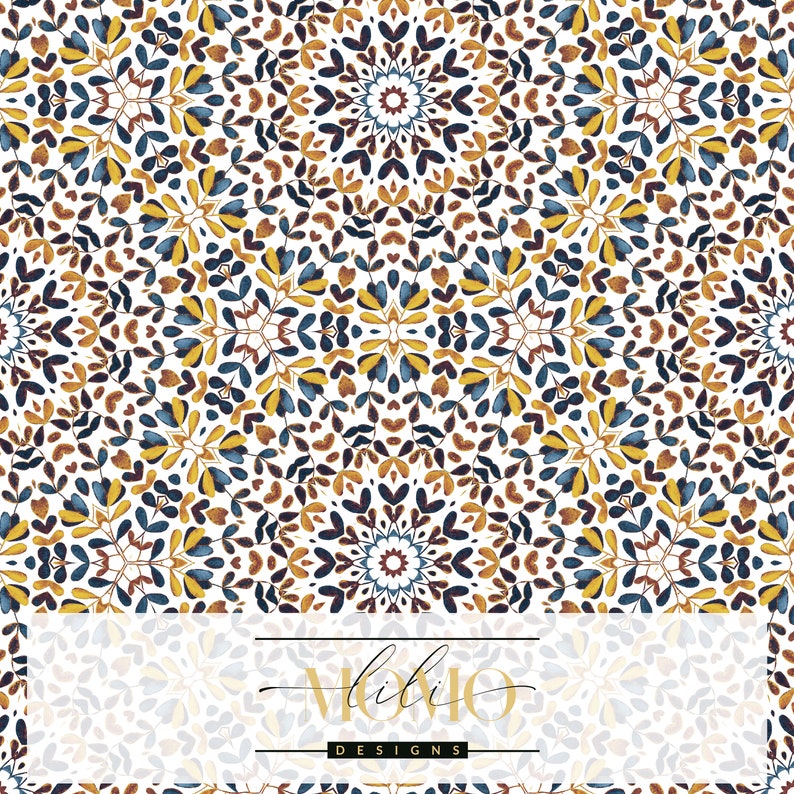 May include: A seamless pattern featuring a repeating design of blue, yellow, and brown leaves and flowers. The pattern is on a white background. The text "Momo Designs" is at the bottom of the image.