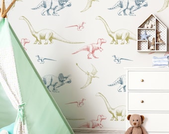 Watercolor Cute Dinosaurs Wallpaper - Cute Dino Children Peel and Stick Removable Wallpaper For Kids Bedrooms - Self Adhesive Mural - 317