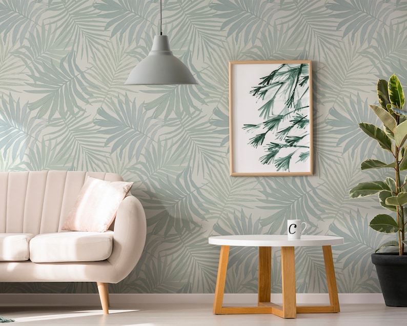 Blue and Green Palm Leaves Wallpaper Custom Color Hand Etsy