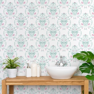 Watercolor Damask Wallpaper - Watercolor Floral Damask Pattern Peel and Stick Removable Wallpaper For All Rooms - Self Adhesive Mural - 156