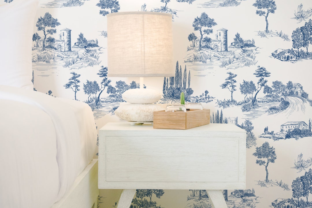 Blue Toile Countryside Wallpaper Vintage French Blue Toile - Etsy Australia