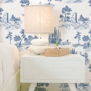 Blue Toile Countryside Wallpaper - Vintage French Blue Toile Peel and Stick Removable Wallpaper Custom Colors Self Adhesive Mural - 108