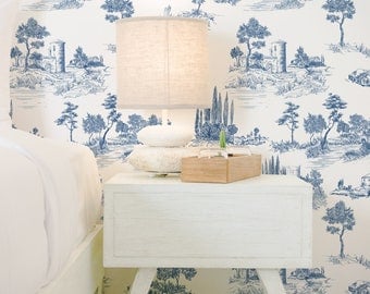 Blue Toile Countryside Wallpaper - Vintage French Blue Toile Peel and Stick Removable Wallpaper Custom Colors Self Adhesive Mural - 108