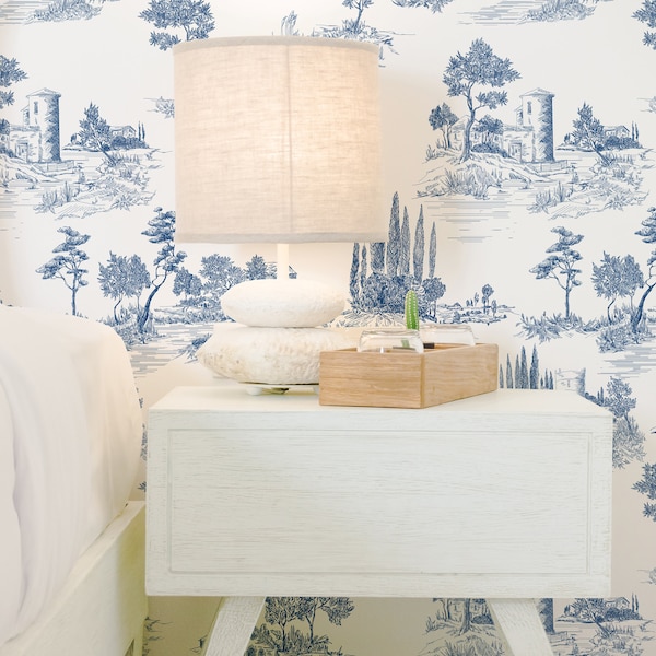 Blue Toile Countryside Wallpaper - Vintage French Blue Toile Peel and Stick Removable Wallpaper Custom Colors Self Adhesive Mural - 108