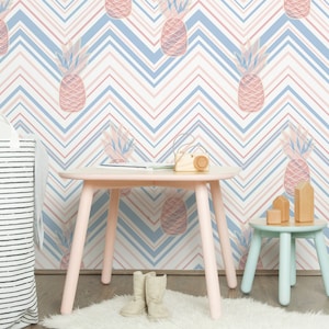 Tropical Pineapple Wallpaper - Unisex Pineapples on Zigzag Stripes Peel and Stick Removable Wallpaper For All Rooms -Self Adhesive Mural 282