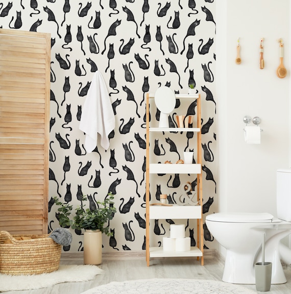Black Watercolor Cats Wallpaper - Hand Drawn Watercolor Black Cats Peel and Stick Removable Wallpaper For All Rooms -Self Adhesive Mural 188