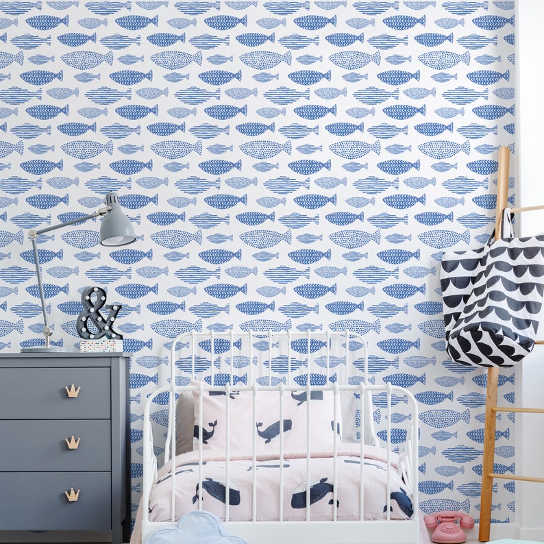 Watercolor Indigo Blue Fishes Wallpaper Indigo Blue Fishes Peel and Stick Removable Wallpaper For Kids Bedrooms Self Adhesive Mural 167 image 3