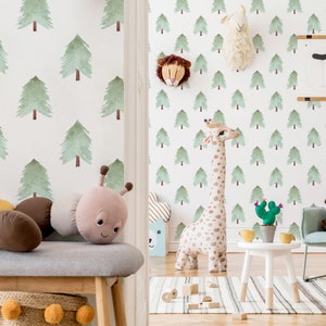 Watercolor Pine Trees Wallpaper - Hand Drawn Pine Forest Peel and Stick Removable Wallpaper For Kids Bedrooms - Self Adhesive Mural - 090