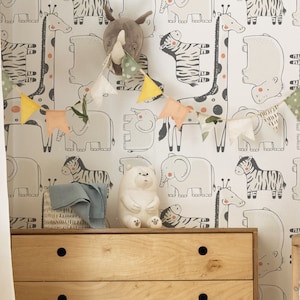 Cute Safari Animals Wallpaper - Hand Drawn Safari Animals Peel and Stick Removable Wallpaper For Zoo Bedroom - Self Adhesive Mural 349