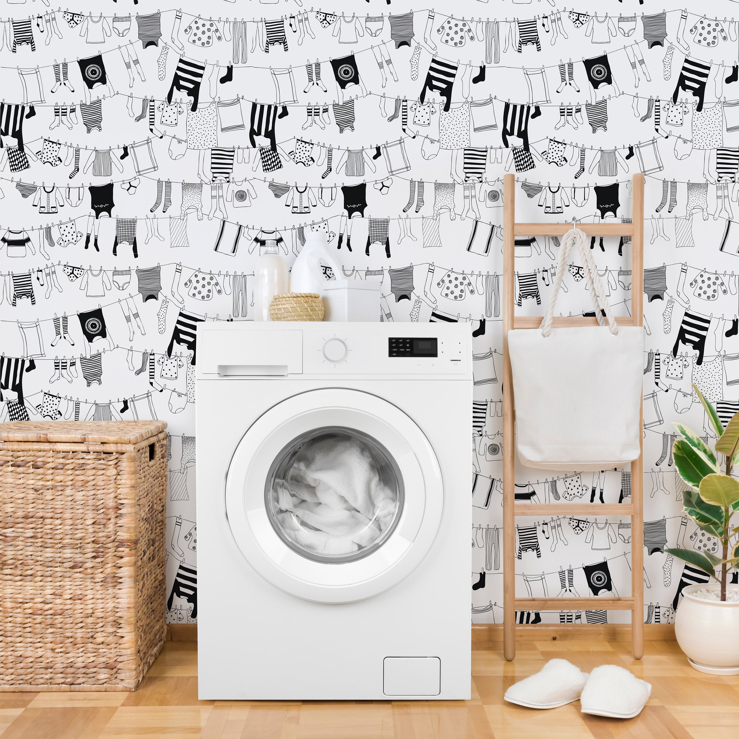 Laundry Room Wallpaper Clothes on Washing Line Peel and - Etsy Australia