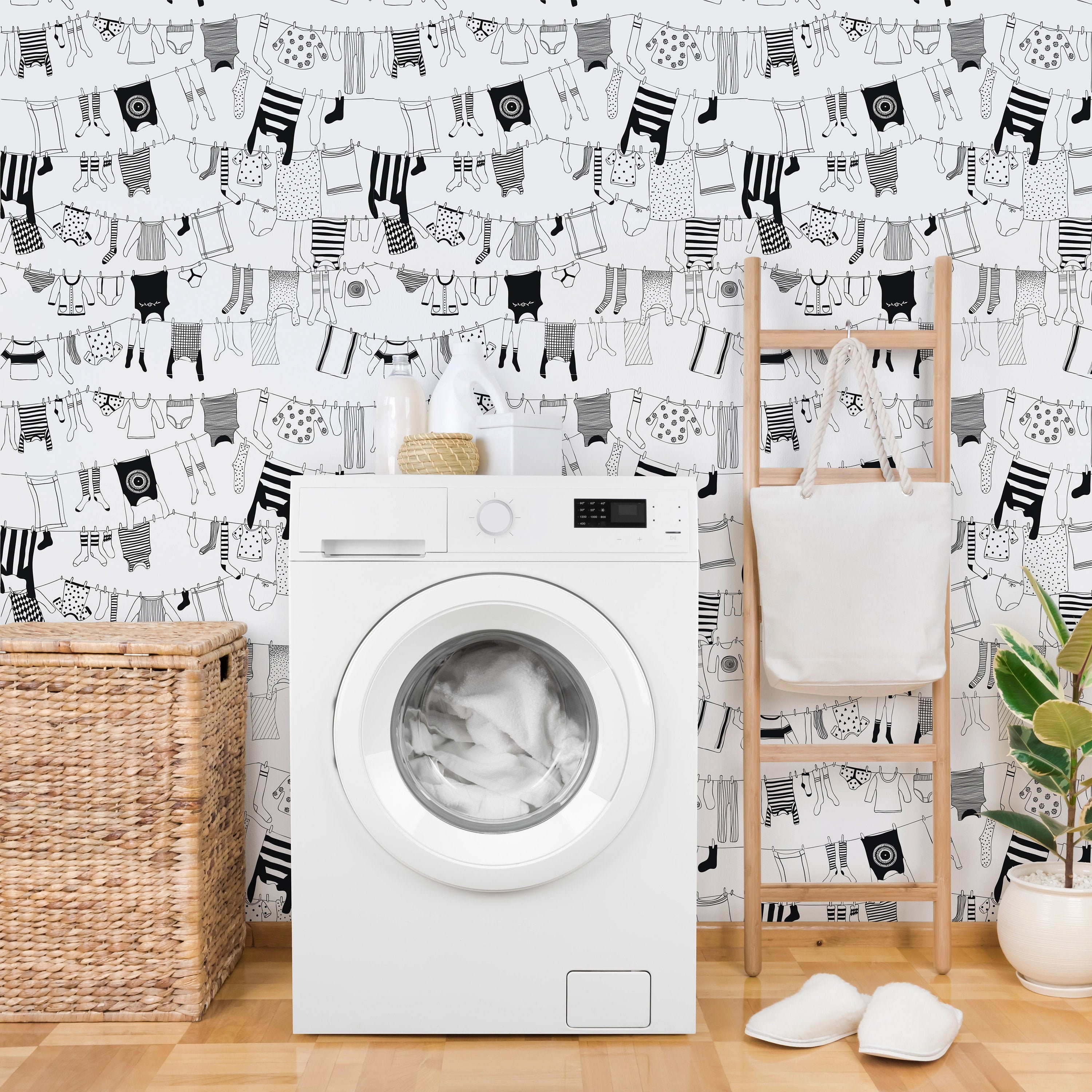 White and Gray Laundry Room with Blue Wildflower Wallpaper  Transitional  Laundry  Room