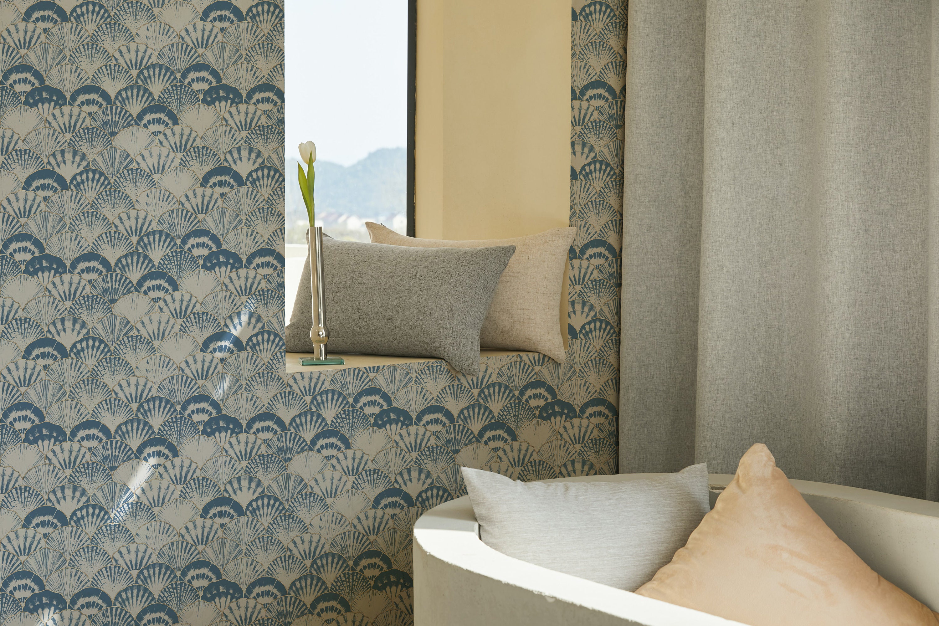 Scallop Shell Pattern Wallpaper - Blue White Gold Sea Shell Peel and ...