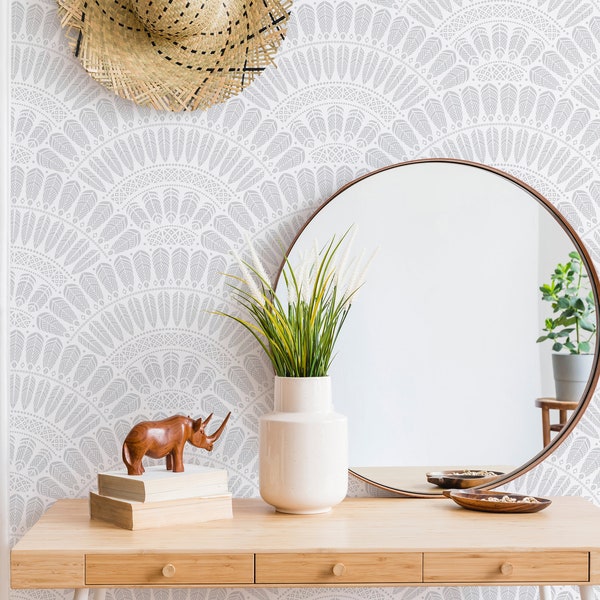 Bohemian Fan Wallpaper - Tribal Bohemian Grey and White Peel and Stick Removable Wallpaper Custom Colors Self Adhesive Mural - 102