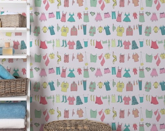 Laundry Room Wallpaper - Clothes on Washing Line Peel and Stick Removable Wallpaper For Laundry Room - Removable Self Adhesive Mural 378