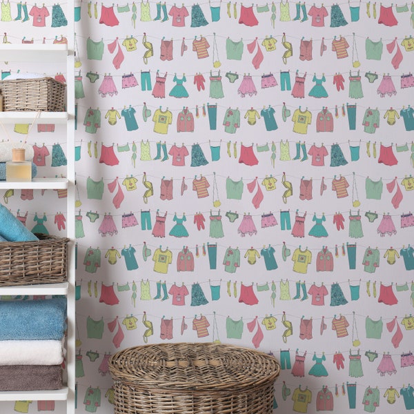 Laundry Room Wallpaper - Clothes on Washing Line Peel and Stick Removable Wallpaper For Laundry Room - Removable Self Adhesive Mural 378