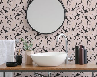 Koi Fish on Pink Wallpaper - Ink Hand Painted Koi Fish Peel and Stick Removable Wallpaper For All Rooms - Self Adhesive Mural -031