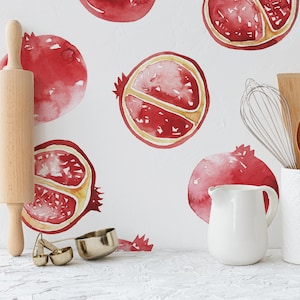 Colorful Pomegranates Wallpaper -Watercolor Pomegranates Peel and Stick Removable Wallpaper Red Fruit -Removable Self-Adhesive Mural 318