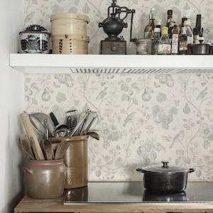 Viti di frutta e uccelli Grigio e avorio Buccia e bastone Carta da parati rimovibile Pera e uccello Tendenze di design per appartamenti Carta da parati per cucine - 384