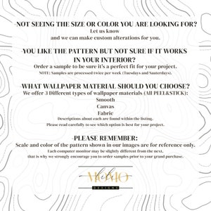 May include: A white informational graphic with black text detailing wallpaper options, including custom alterations, sample ordering, and material types like smooth, canvas, and fabric. The background features a subtle gray topographic line pattern.