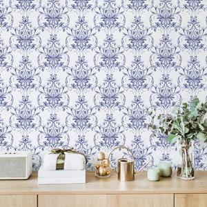 Watercolor Damask Wallpaper - Blue Watercolor Floral Damask Peel and Stick Removable Wallpaper For All Rooms - Self Adhesive Mural - 213