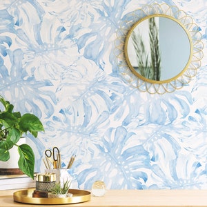 Blaue Palmenblätter Tapete - Mit Aquarell Handgemalte Palmenblätter Schälen und Aufkleben Entfernbare Tapete für Alle Räume - Selbstklebendes Wandbild-169