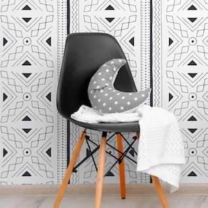 Tribal Art Print Wallpaper - Ethnic Bohemian Black and White Peel and Stick Removable Wallpaper Custom Colors Self Adhesive Mural -358