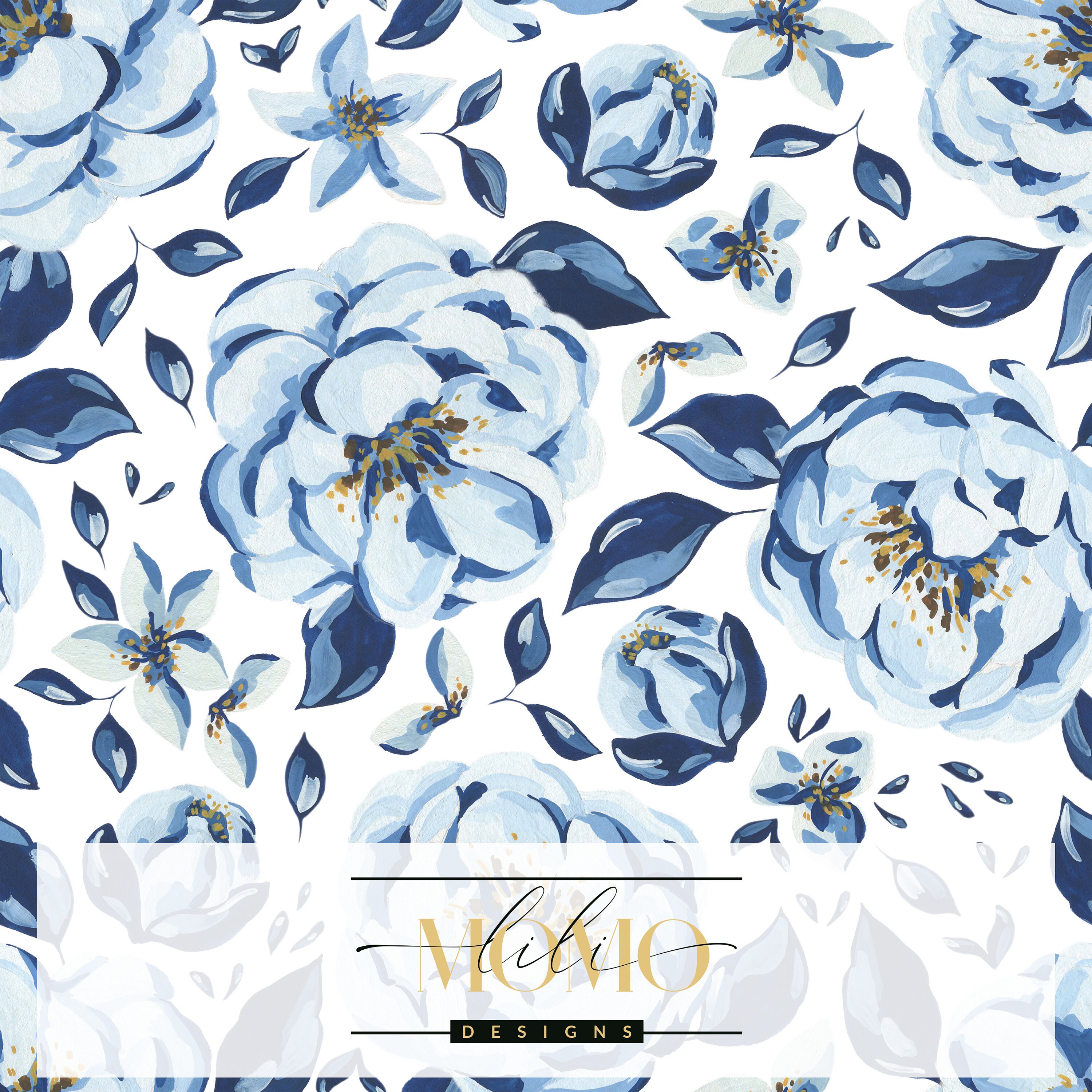 Blue Flowers and Leaves Wallpaper Blue Floral Botanical Peel Etsy España