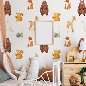 Woodland Animals Wallpaper - Cute Watercolor Woodland Animals Peel and Stick Removable Wallpaper For Kids Bedrooms - Self Adhesive Mural 272