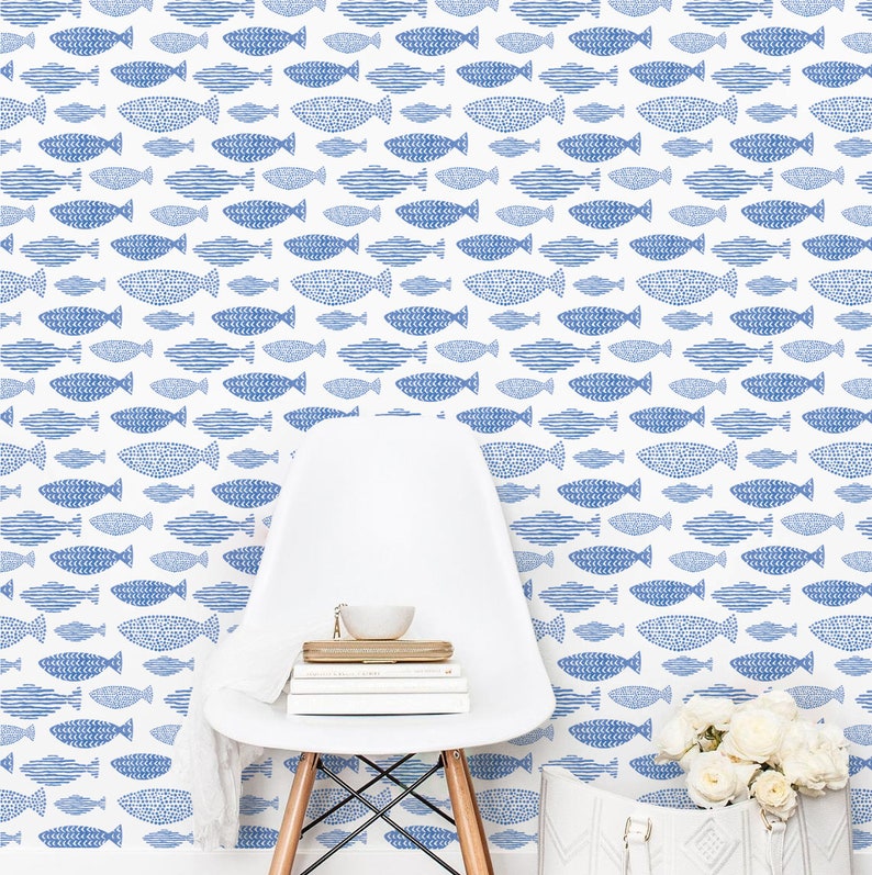 Watercolor Indigo Blue Fishes Wallpaper Indigo Blue Fishes Peel and Stick Removable Wallpaper For Kids Bedrooms Self Adhesive Mural 167 image 4