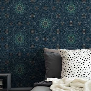 Traditional Arabic Geometric Wallpaper Dark Green Mosaic Peel and Stick ...