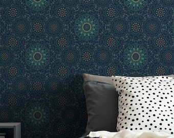 Traditional Arabic Geometric Wallpaper - Dark Green Mosaic Peel and Stick Removable Wallpaper for All Rooms - Self Adhesive Mural - 296