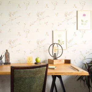 Abstract Japanese Birds Wallpaper - Hand Drawn Cranes & Dragonflies Peel and Stick Removable Wallpaper For All Rooms Self Adhesive Mural 033
