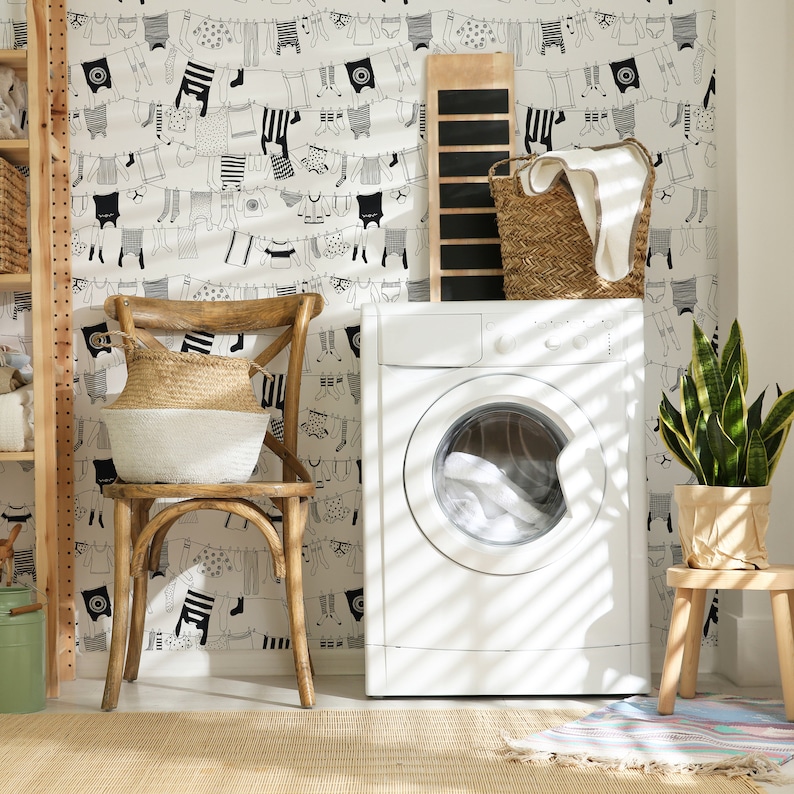 Laundry Room Wallpaper Clothes on Washing Line Peel and Etsy